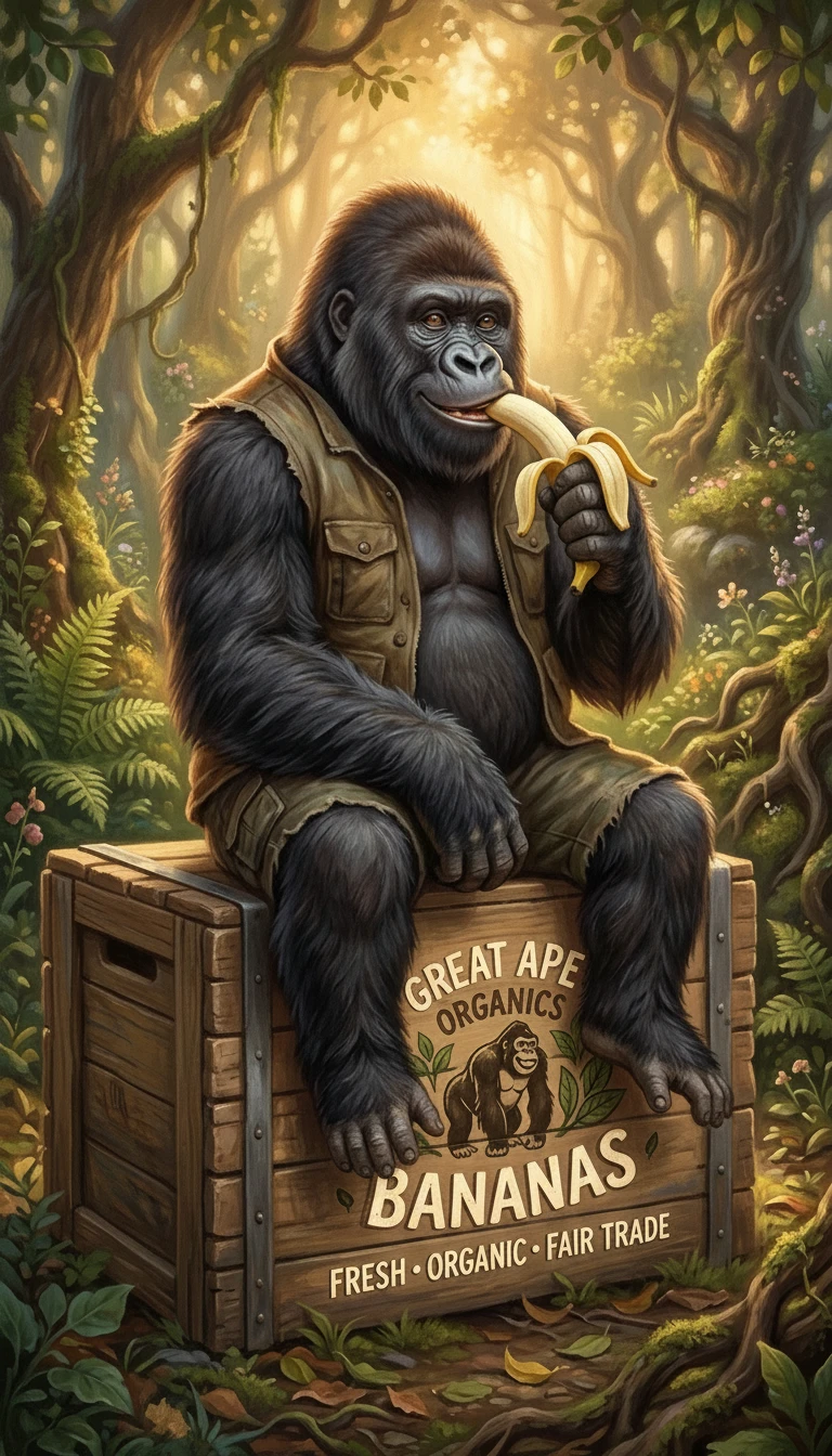 Sanfter Gorilla isst eine Banane auf Holzkiste in der Dämmerung