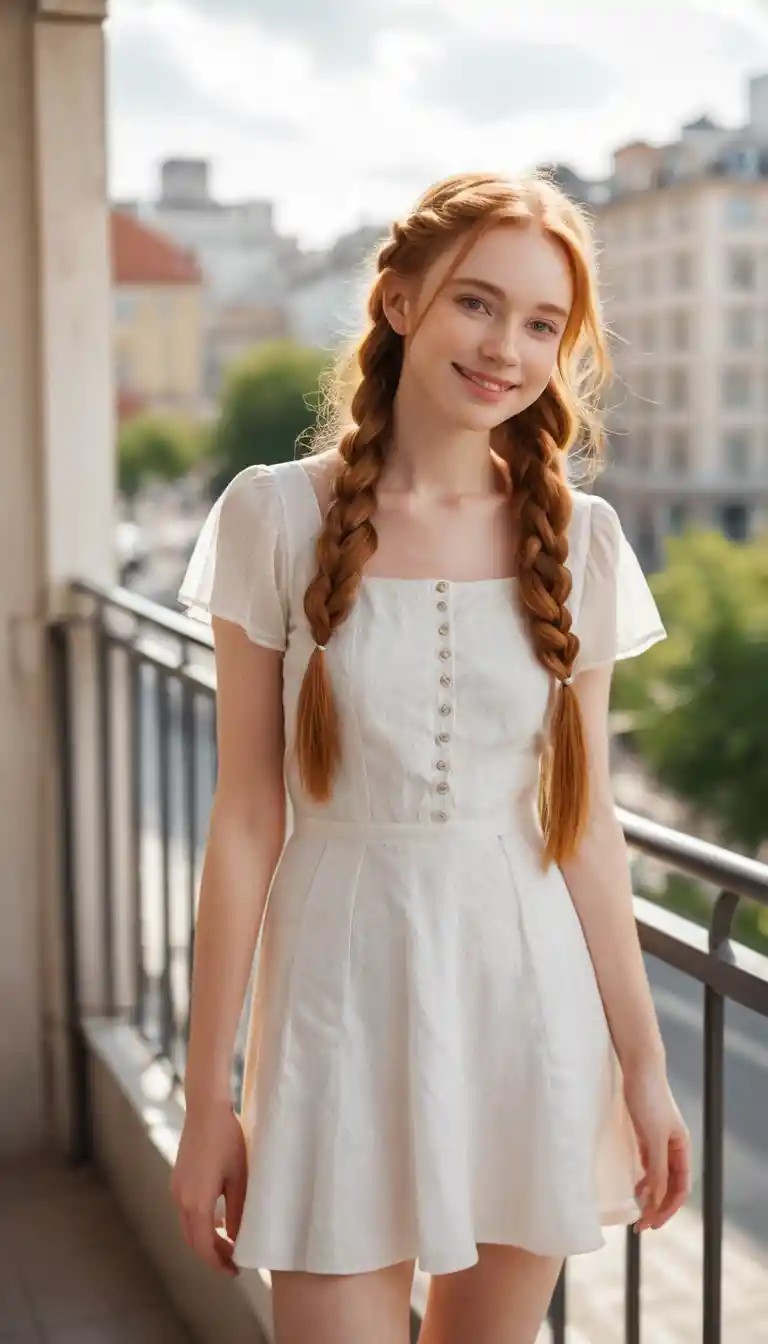 Young woman standing on a sunlit city terrace