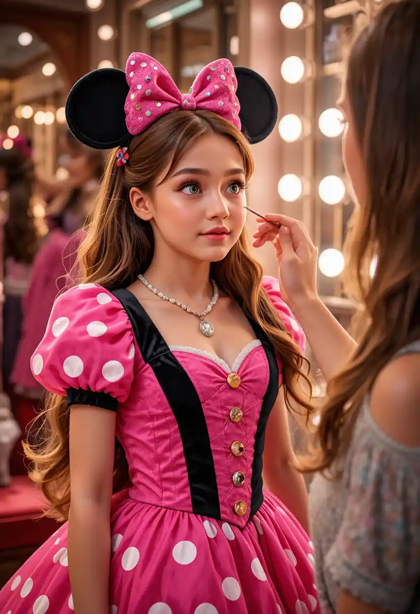 Young boy in pink Minnie dress in boutique dressing room