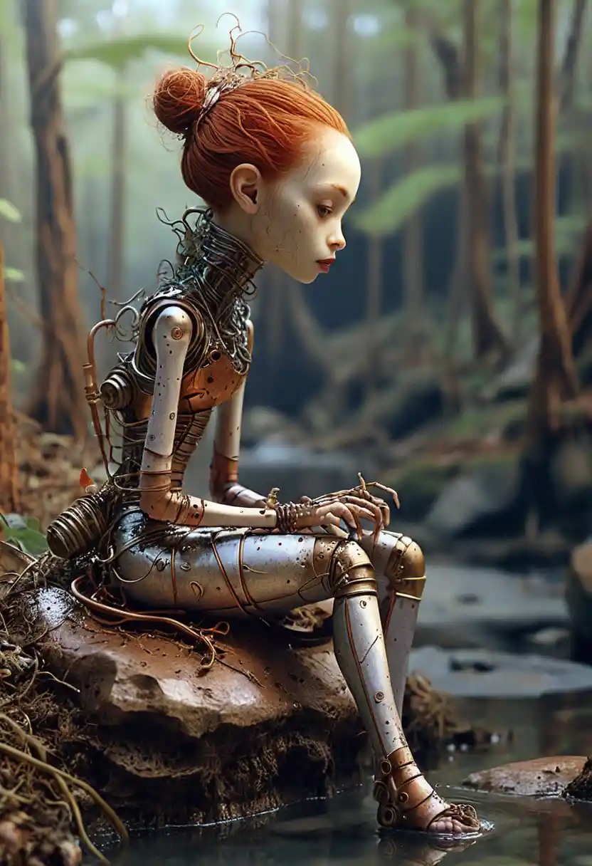 Donna androide surreale accanto a un ruscello in una foresta silenziosa
