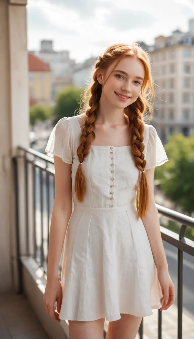 Young woman standing on a sunlit city terrace
