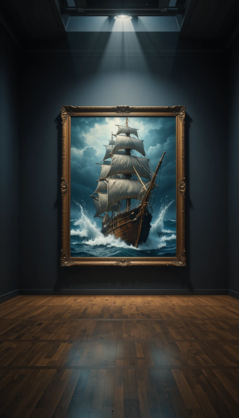 Navio pirata irrompendo de pintura de tempestade em galeria de museu escura