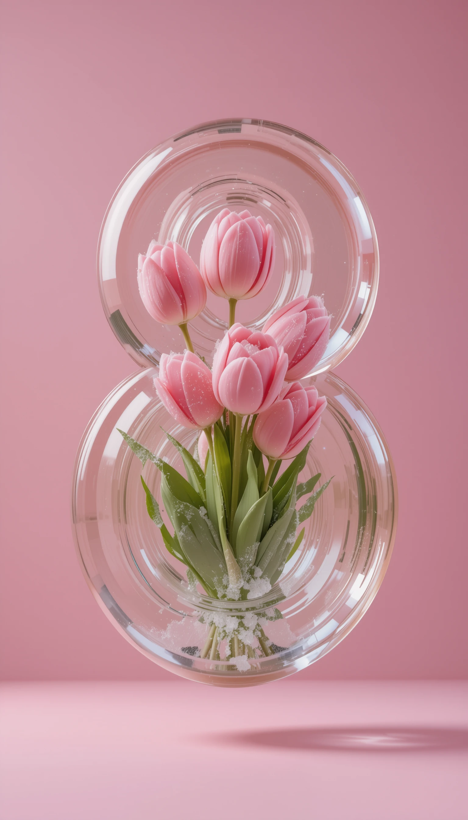 Numero otto di vetro con tulipani rosa su sfondo pastello