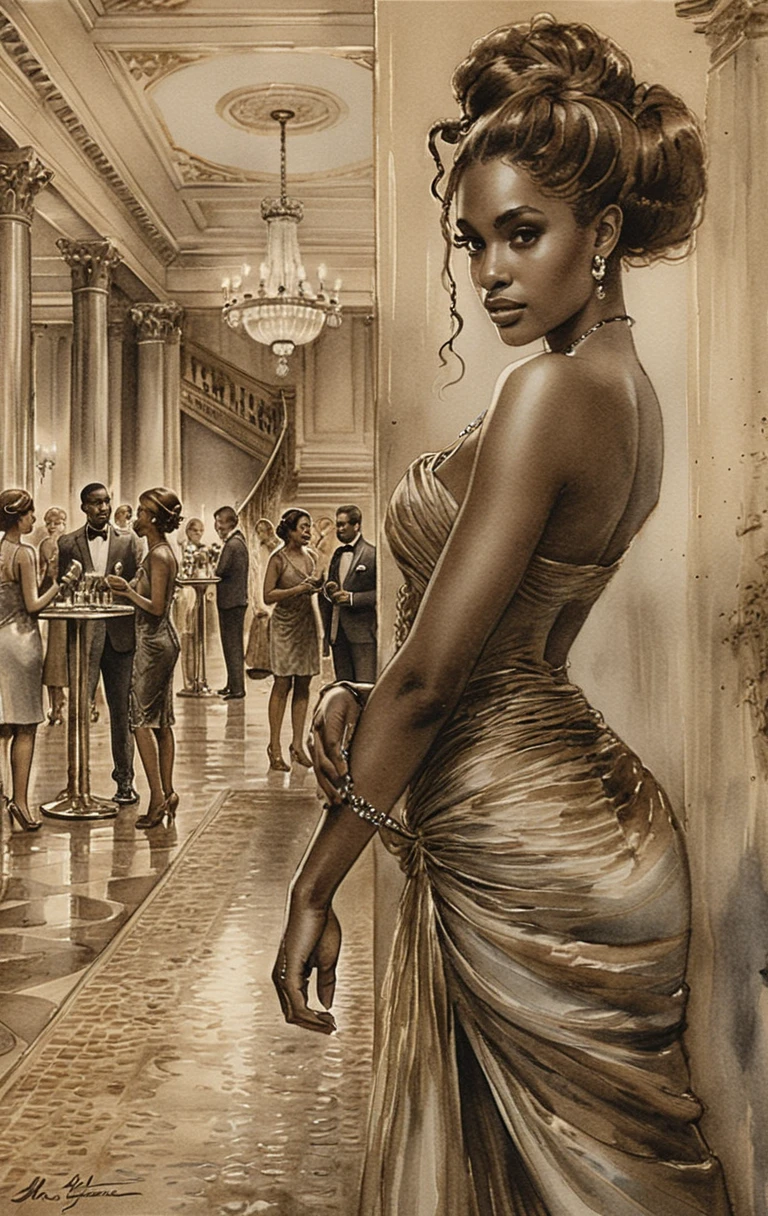 Elegant woman in evening gown in grand vintage ballroom