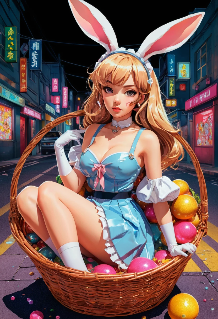 Ragazza gyaru anime in costume da coniglietta seduta in un cesto di Pasqua