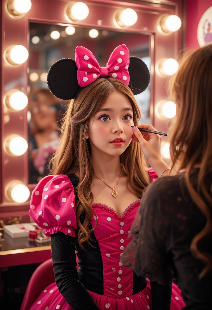 Niño con vestido rosa de Minnie frente al espejo de maquillaje de boutique