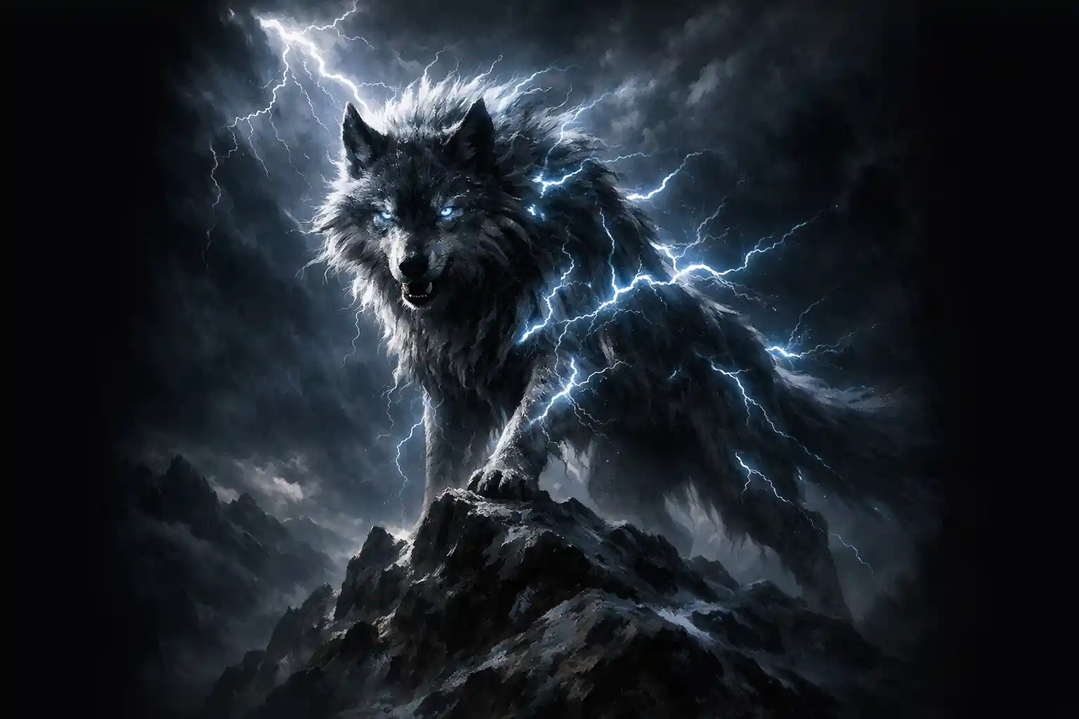 Mythical lightning wolf on a stormy mountain peak