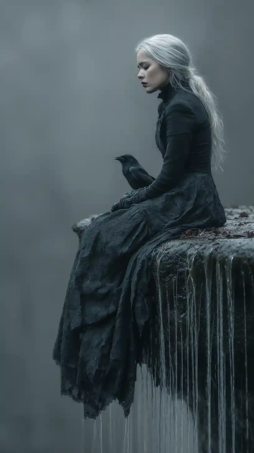 Fahlhaarige Gothic-Frau mit schwarzem Vogel auf einer Kante