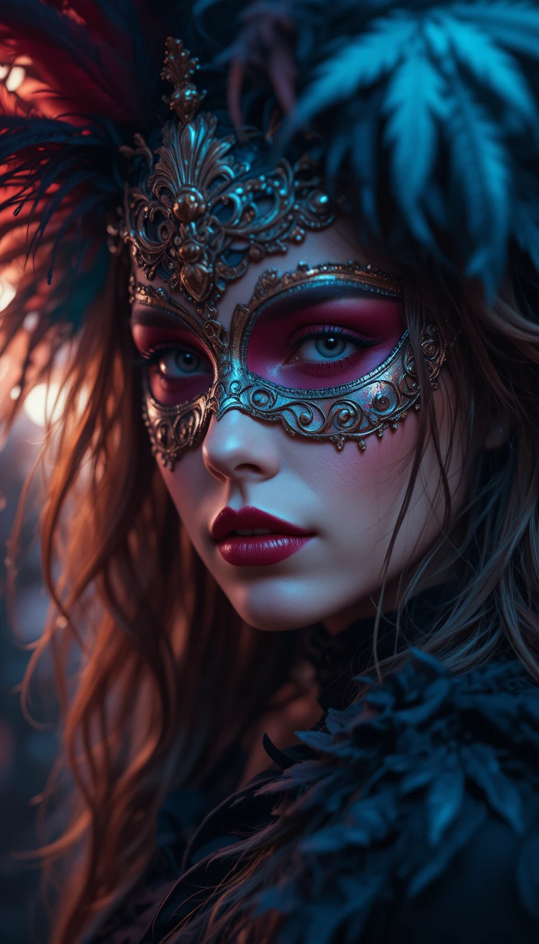 Masked woman with feathers at a vibrant carnival