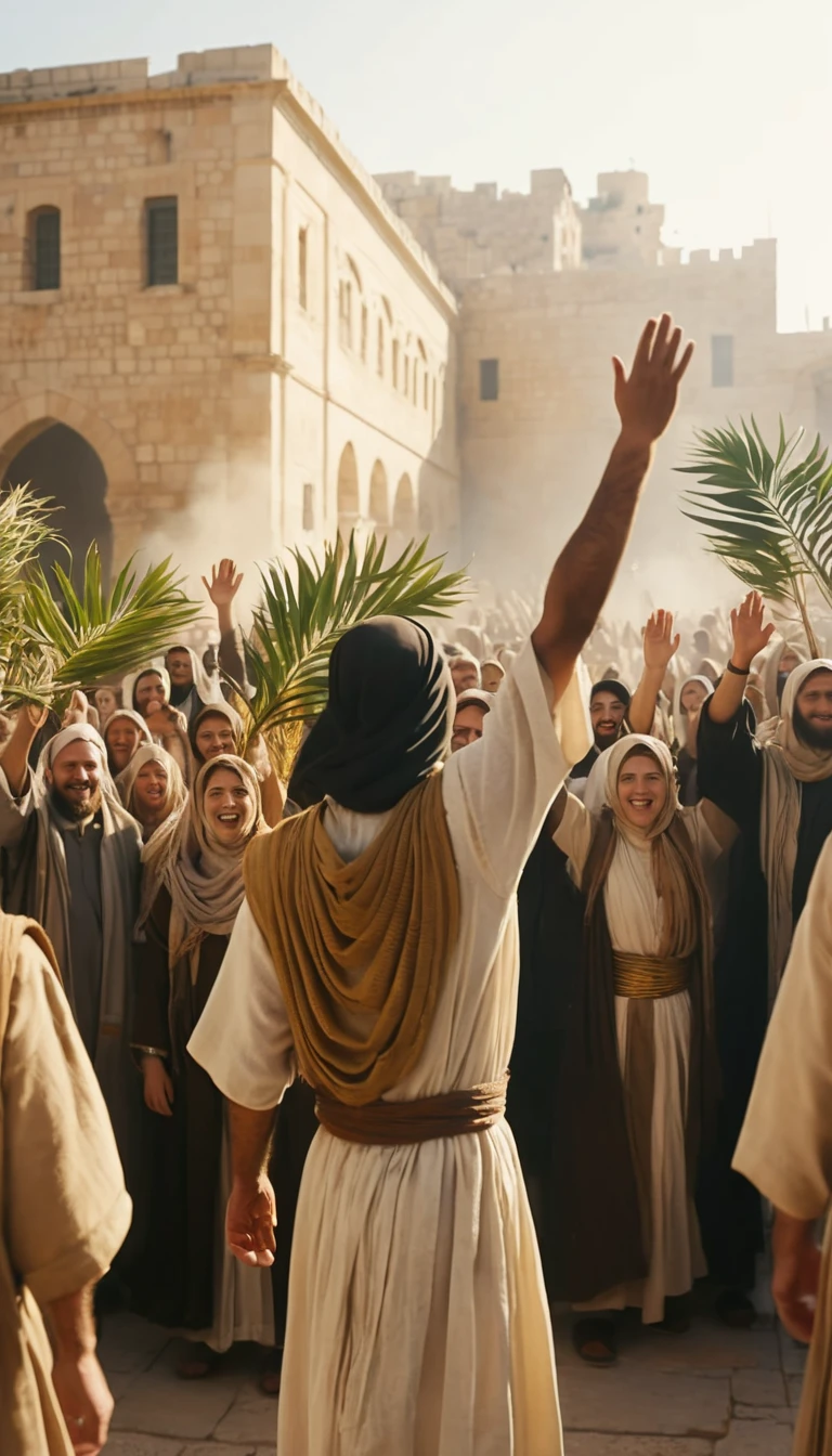 Joyful crowd in ancient Jerusalem waving palm branches