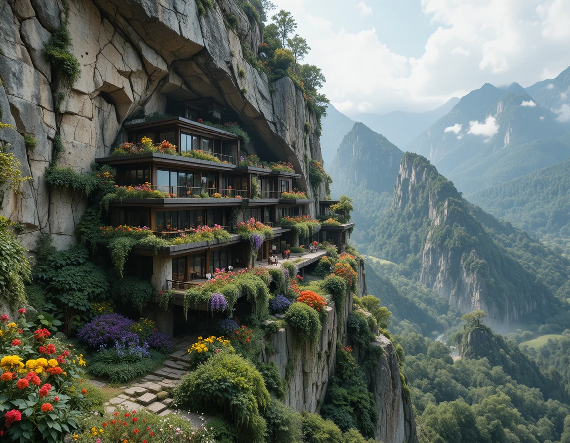 Rustic cliffside home with cascading terraced gardens