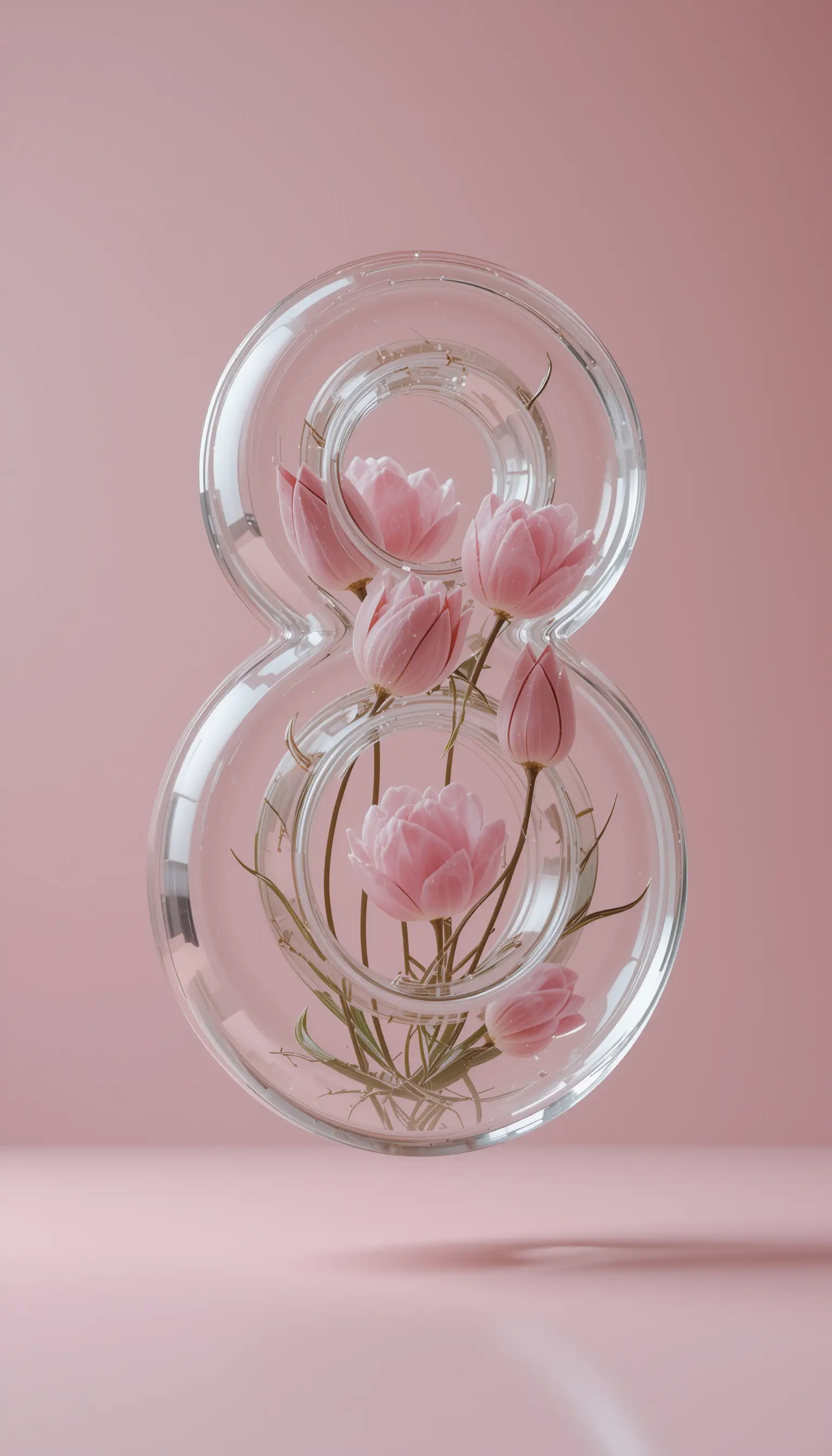 Glass figure eight with pink tulips on soft pink background