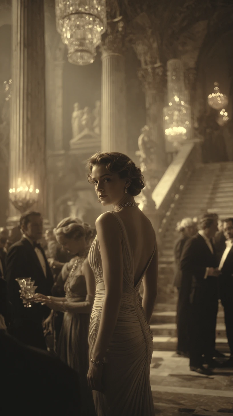 Elegant woman in evening gown in grand sepia ballroom
