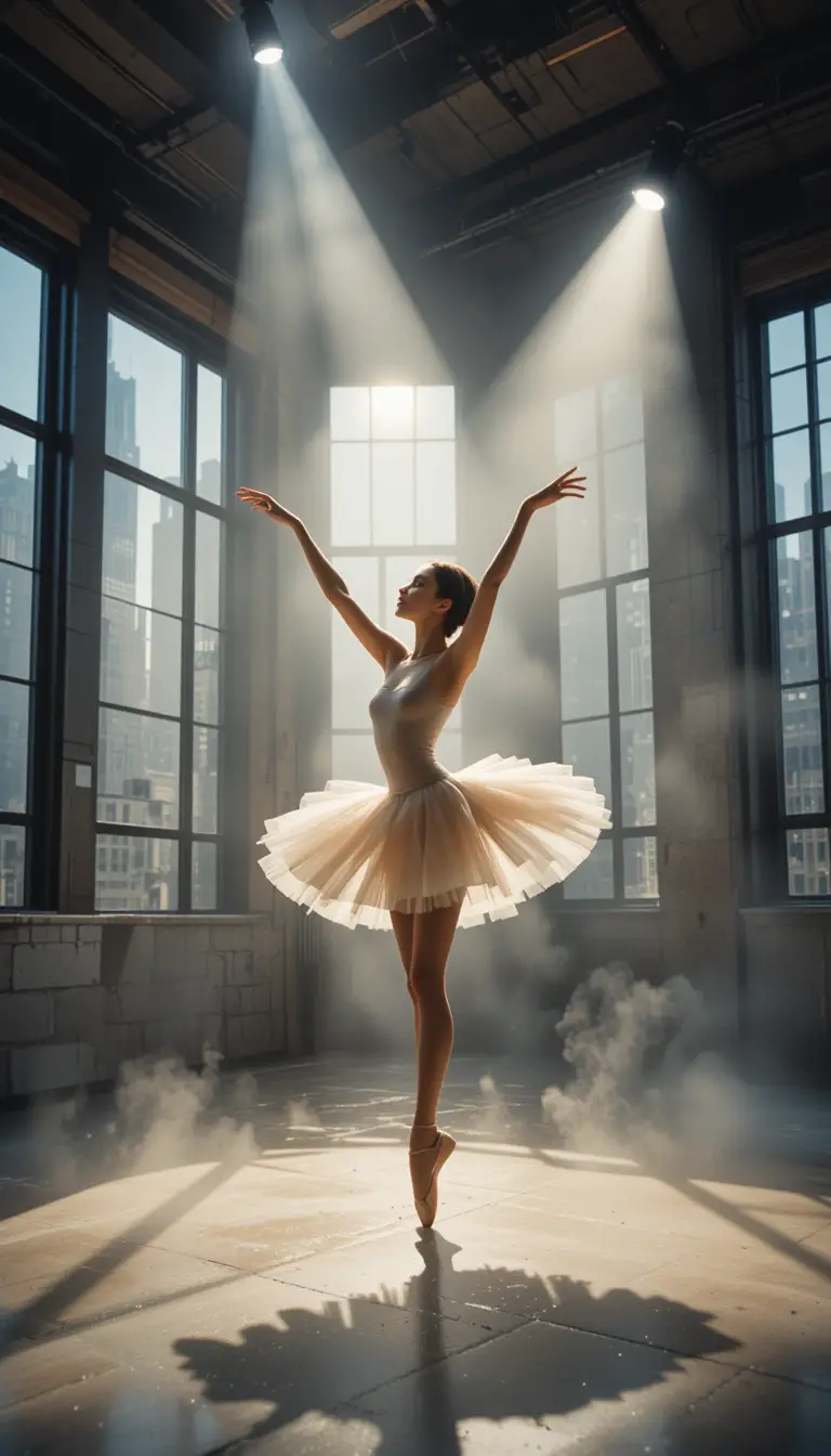 Bailarina em pose de arabesque em estúdio de dança urbano e iluminado
