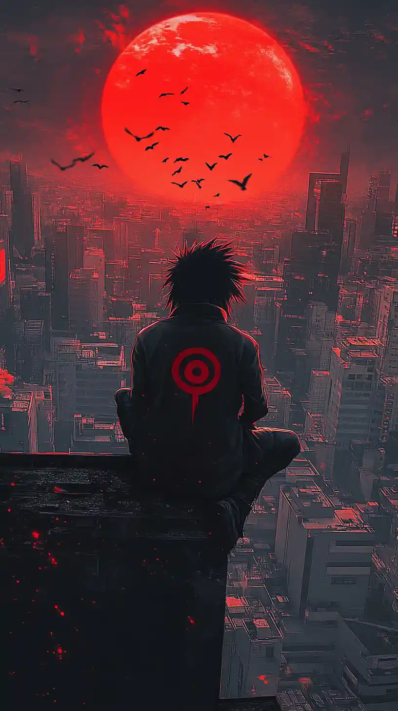 Solitary figure on dystopian rooftop above red city
