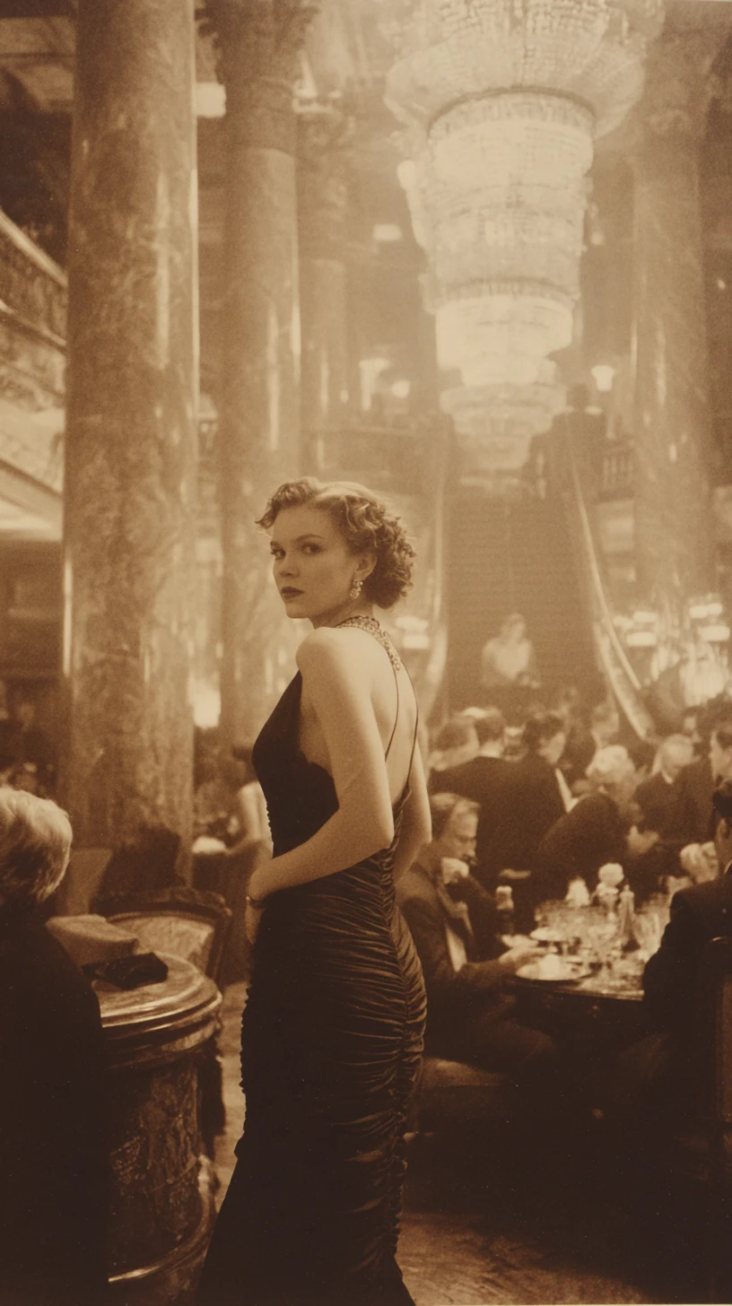 Elegant woman in gown in grand sepia ballroom
