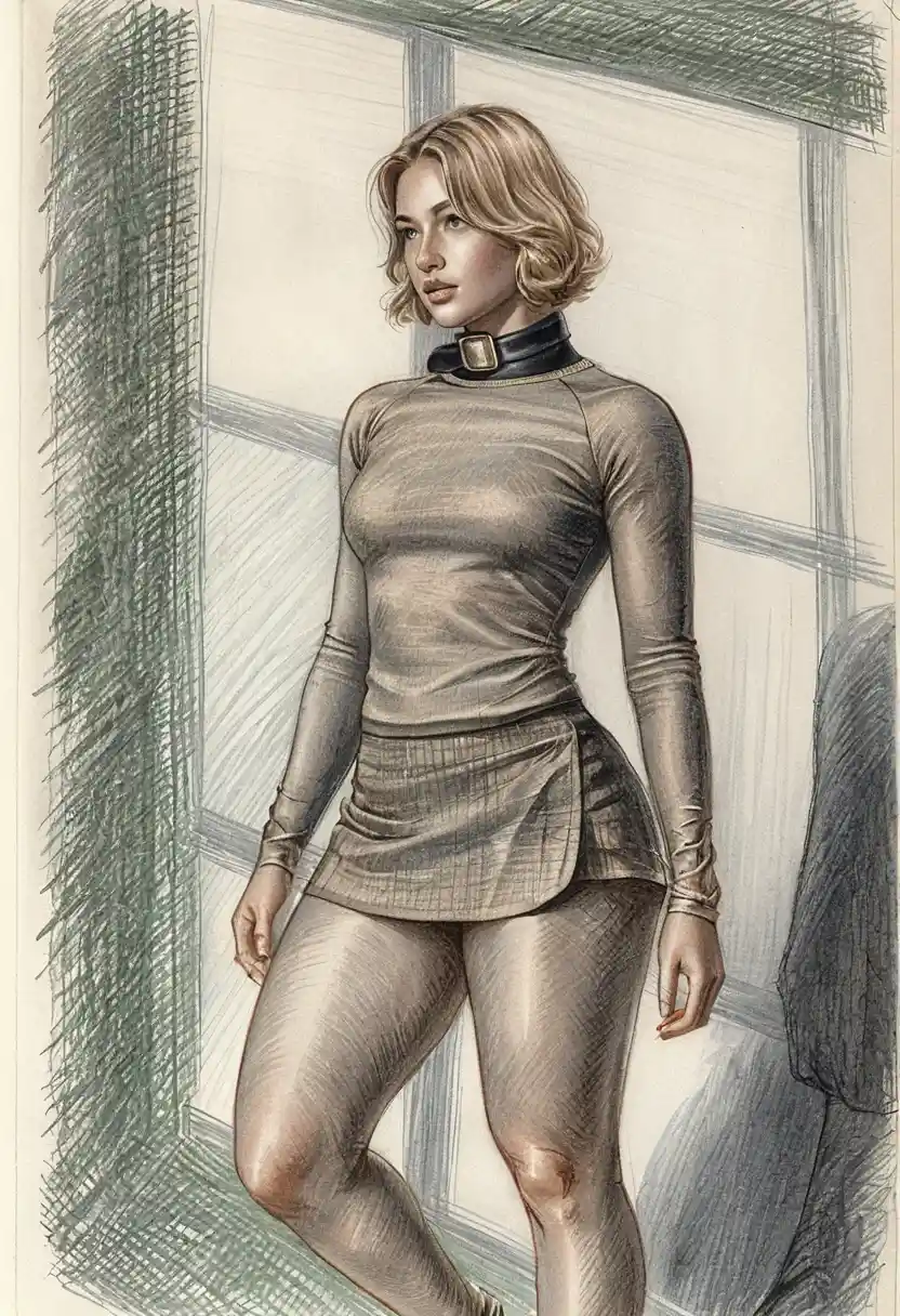 Junge Frau am Fenster in einer Buntstiftillustration