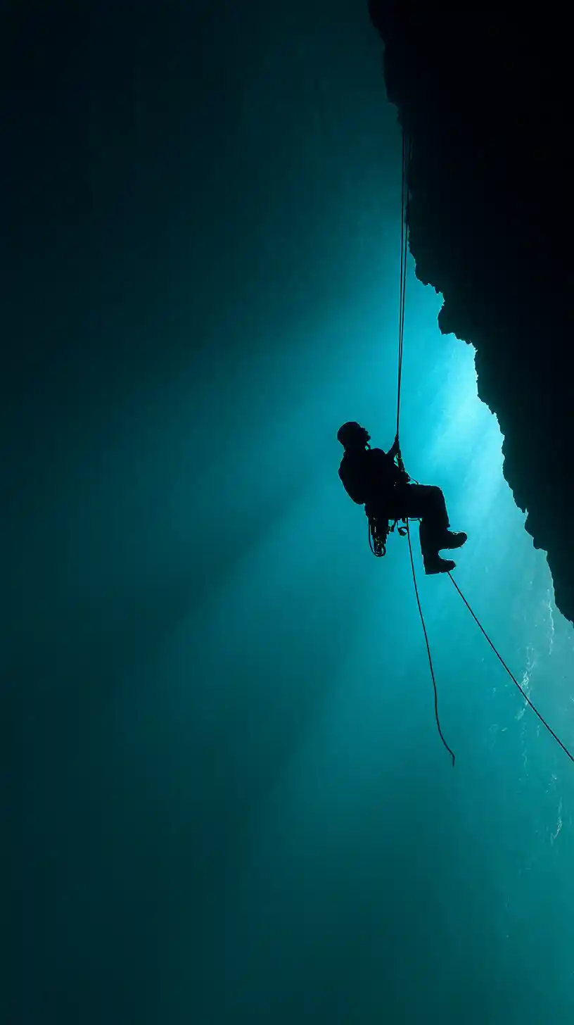 Silhouetted climber hanging above a blue green underwater abyss