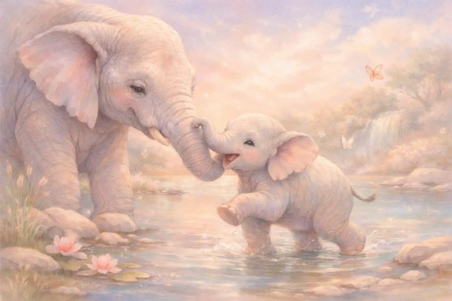 Babyelefant mit Mutter an einer ruhigen Wasserstelle in Pastell