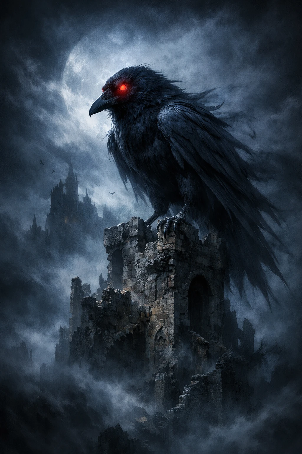 Corvo oscuro su una torre in rovina in una notte buia e nebbiosa