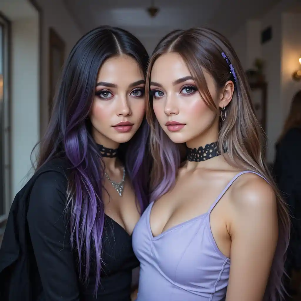 Two alternative style girls posing in soft indoor light