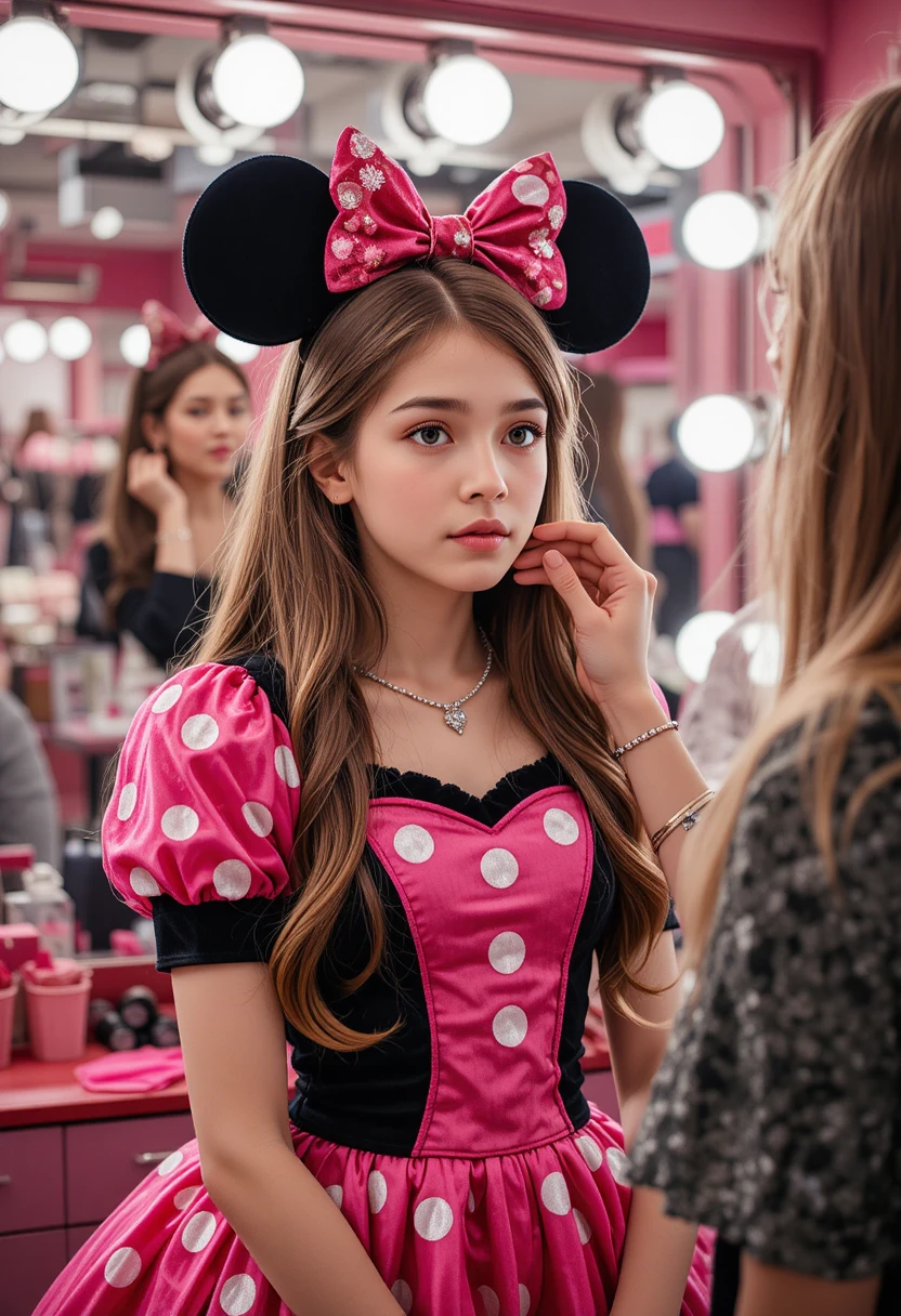 Niño con vestido de Minnie maquillándose en una boutique