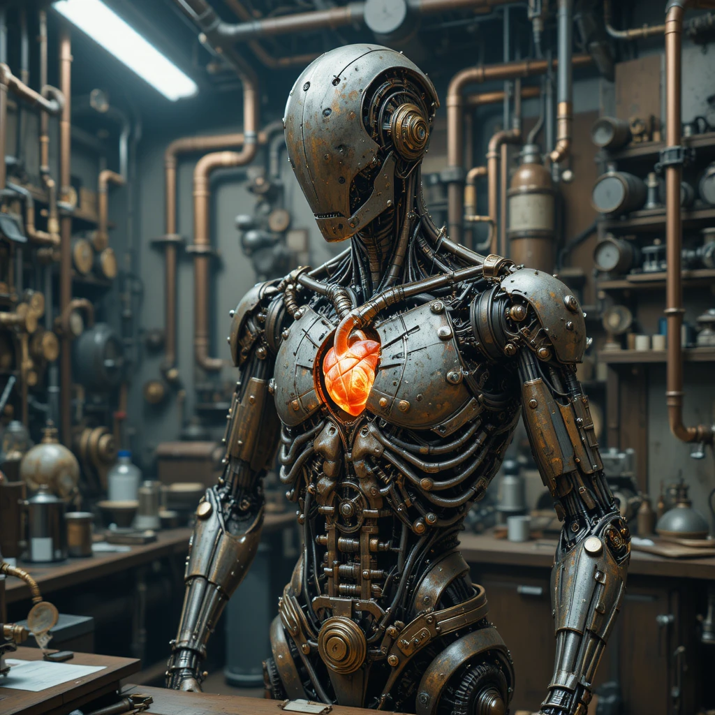 Steampunk-Roboter, der Zahnräder in einem überfüllten Kupferlabor justiert