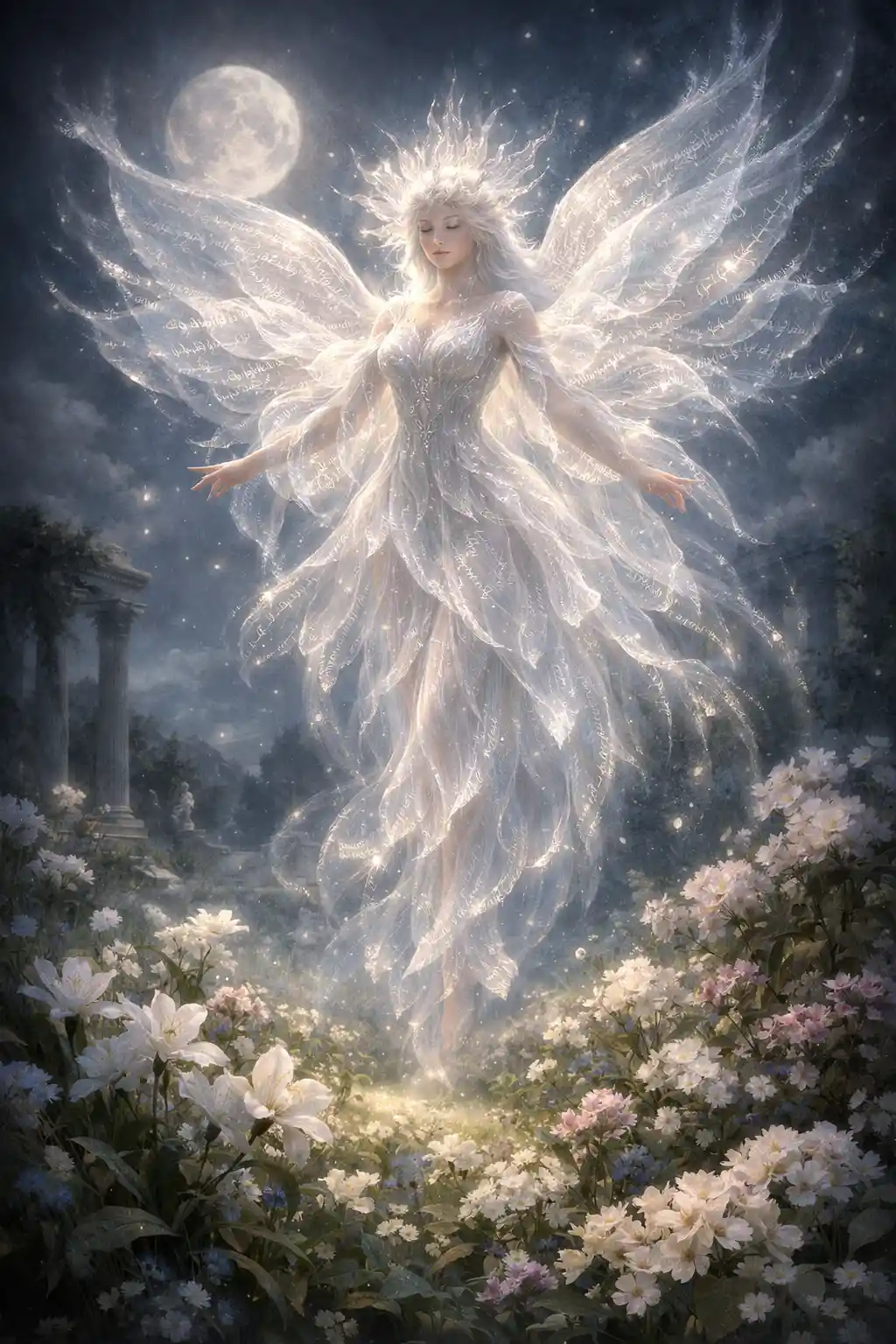 Ethereal angelic figure floating above a moonlit meadow