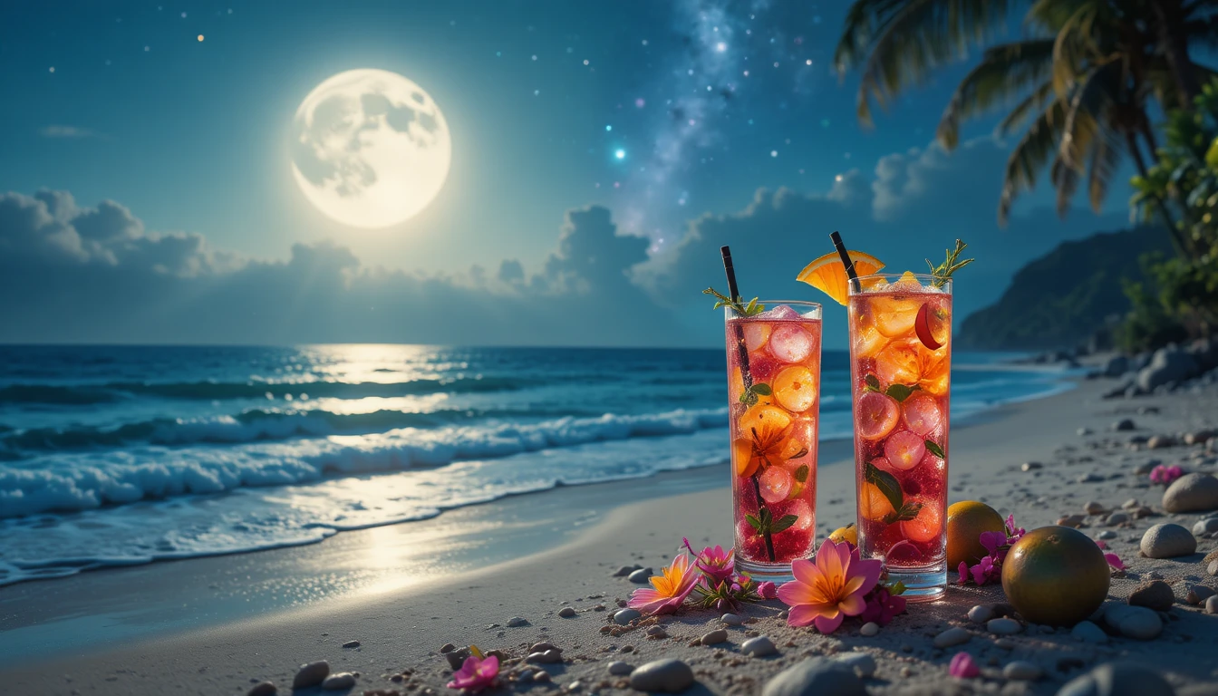 Cocktail sulla spiaggia al chiaro di luna con frutti alieni e oceano da sogno
