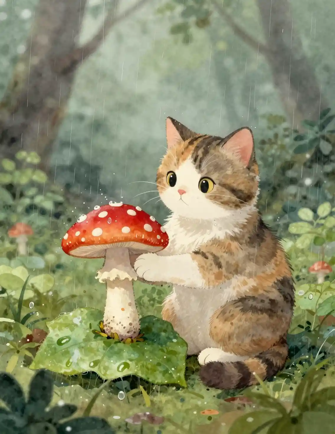 Gatta calico con fungo rosso su una foglia nella foresta piovosa