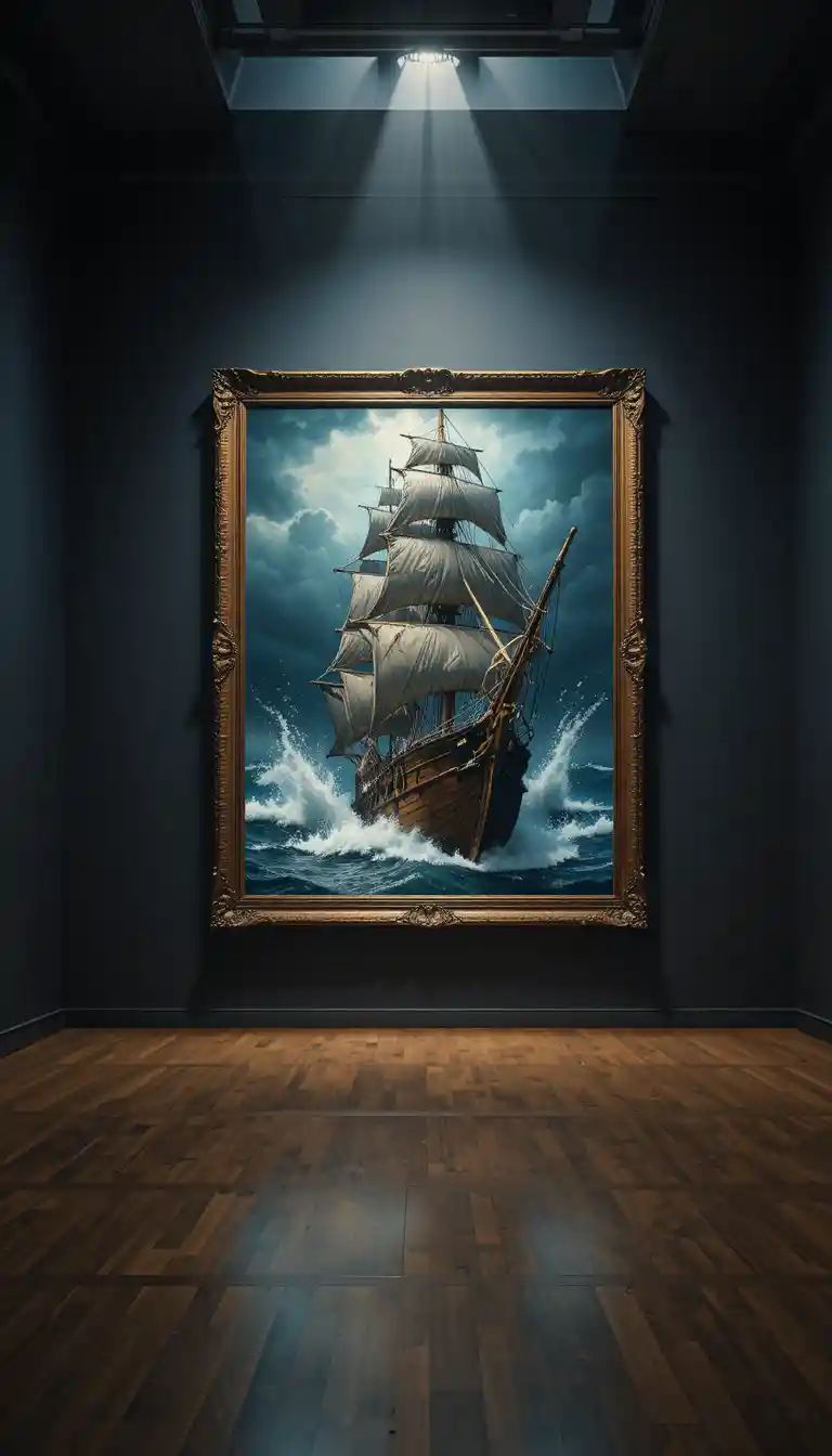 Pirate Ship Bursting From Storm Painting In Dark Museum Gallery