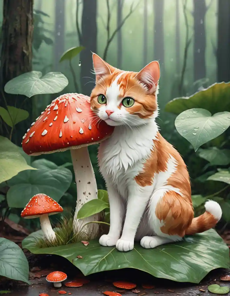 Calico cat with red mushroom in a gentle rainy forest