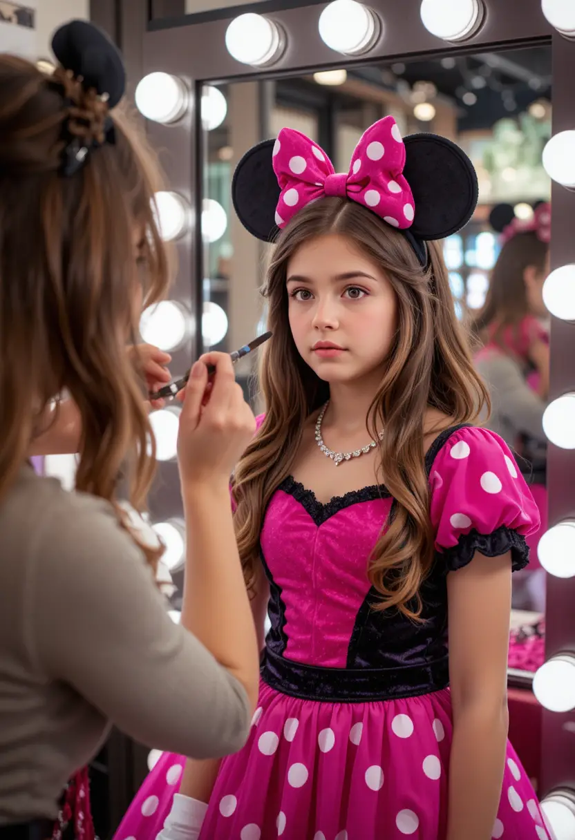 Menino com vestido rosa da Minnie em frente ao espelho da boutique