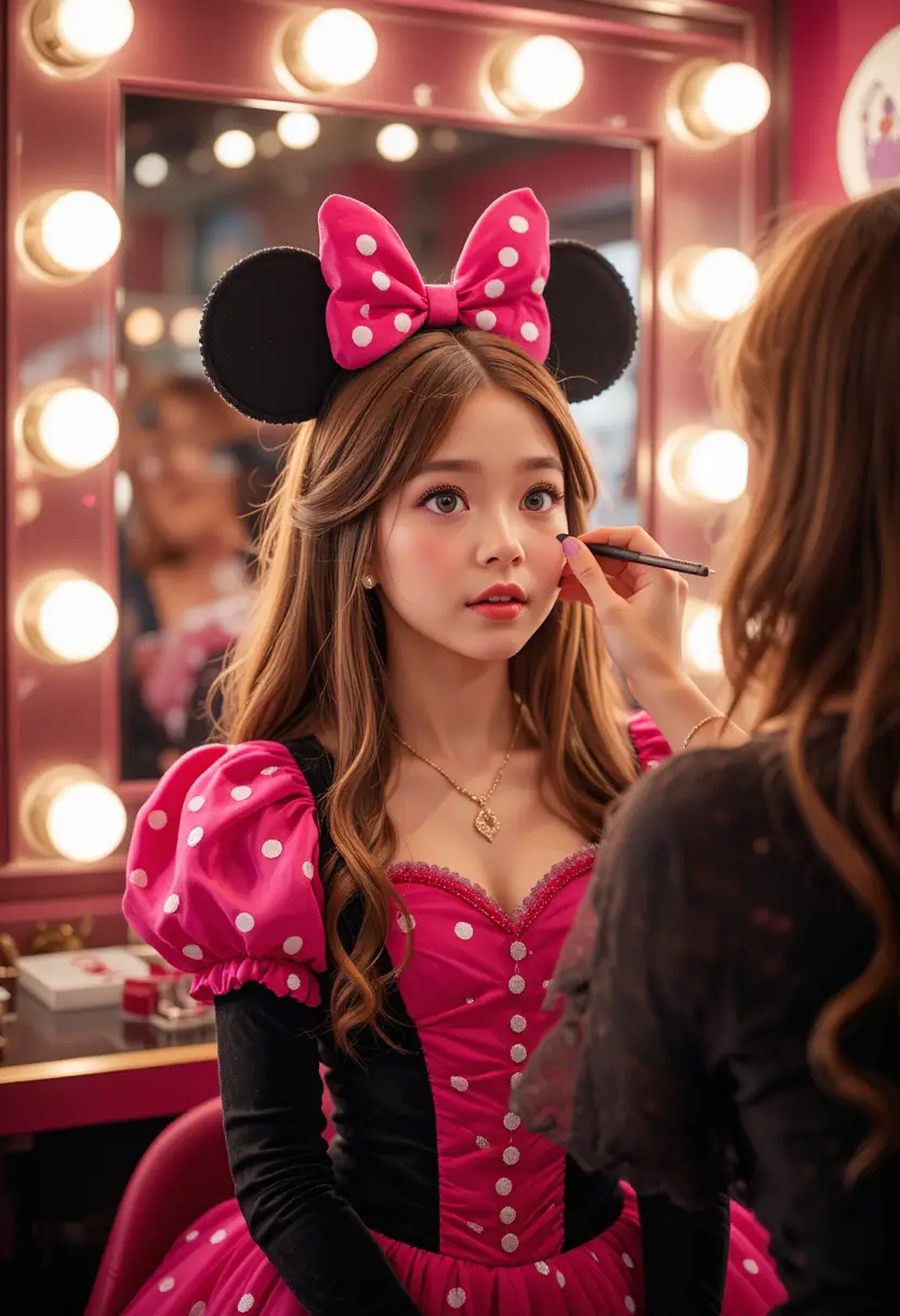 Menino com vestido rosa da Minnie em frente ao espelho de maquiagem de boutique