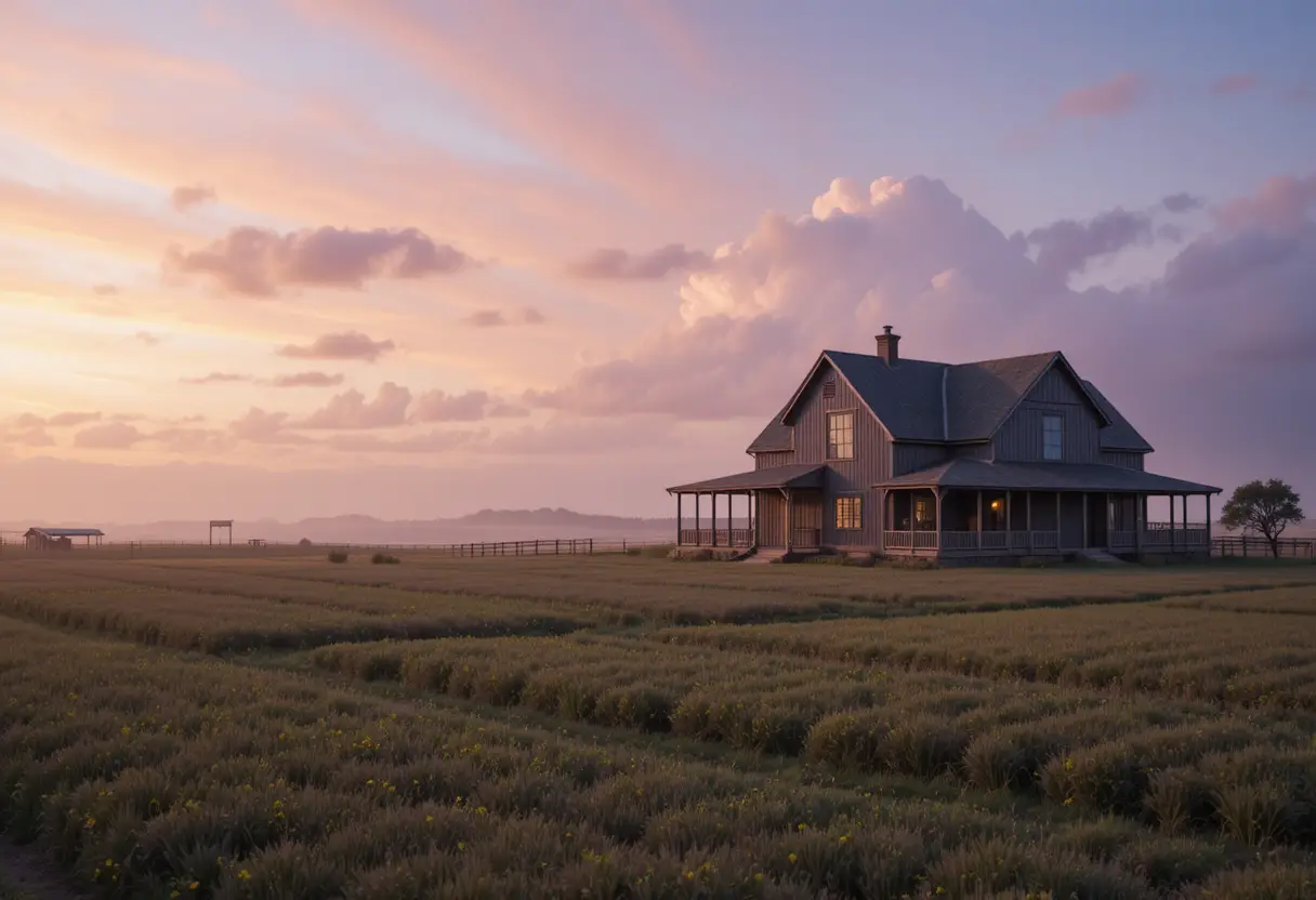Cineastisches Küsten‑Farmhaus und Scheune zur Goldenen Stunde