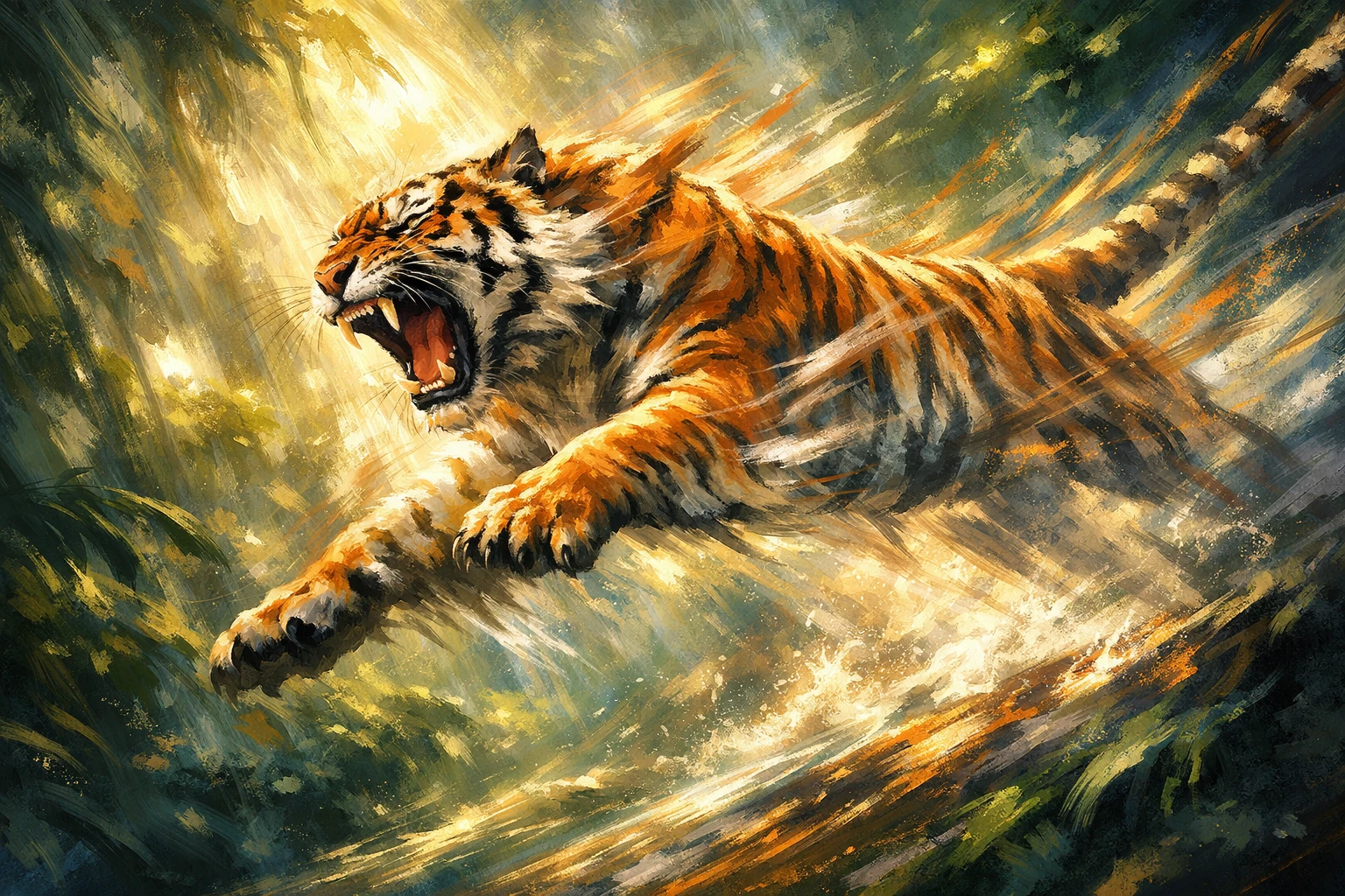 咆哮猛虎躍入超現實叢林畫作