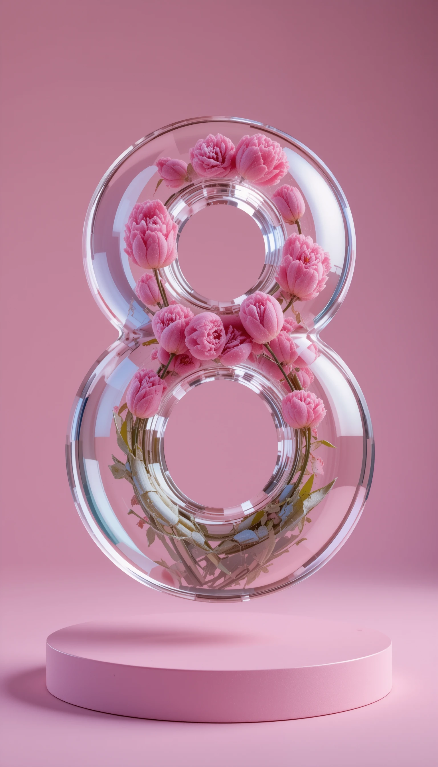 Numero otto di vetro con tulipani rosa su sfondo pastello