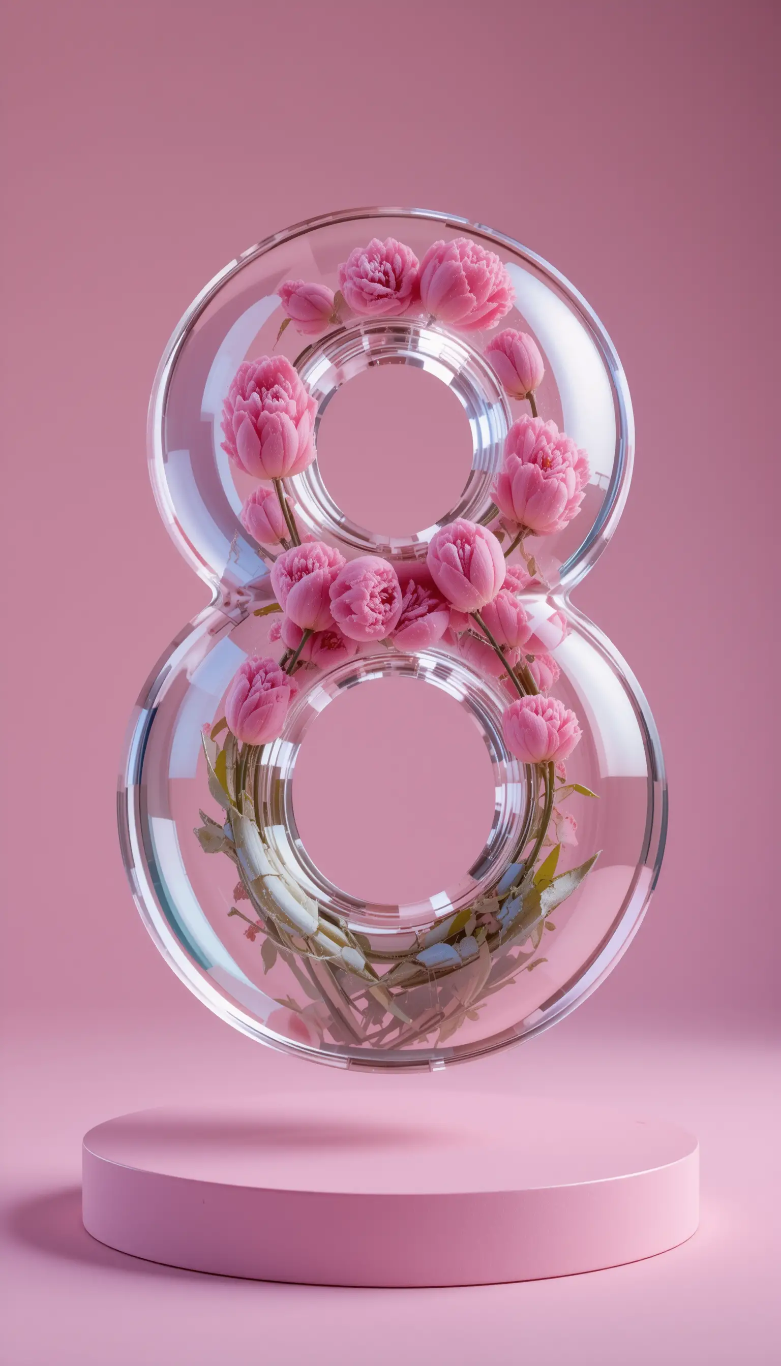 Glass figure eight with pink tulips on pastel background