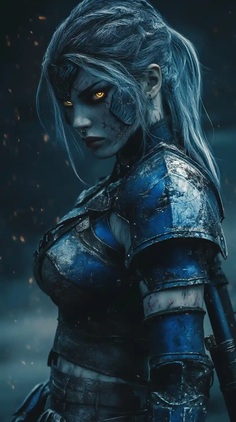 Scarred blue armored warrior maid with golden blue eyes
