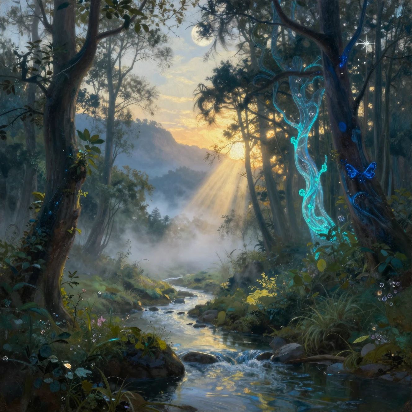 Misty mountain valley forest at dawn with soft sunlight