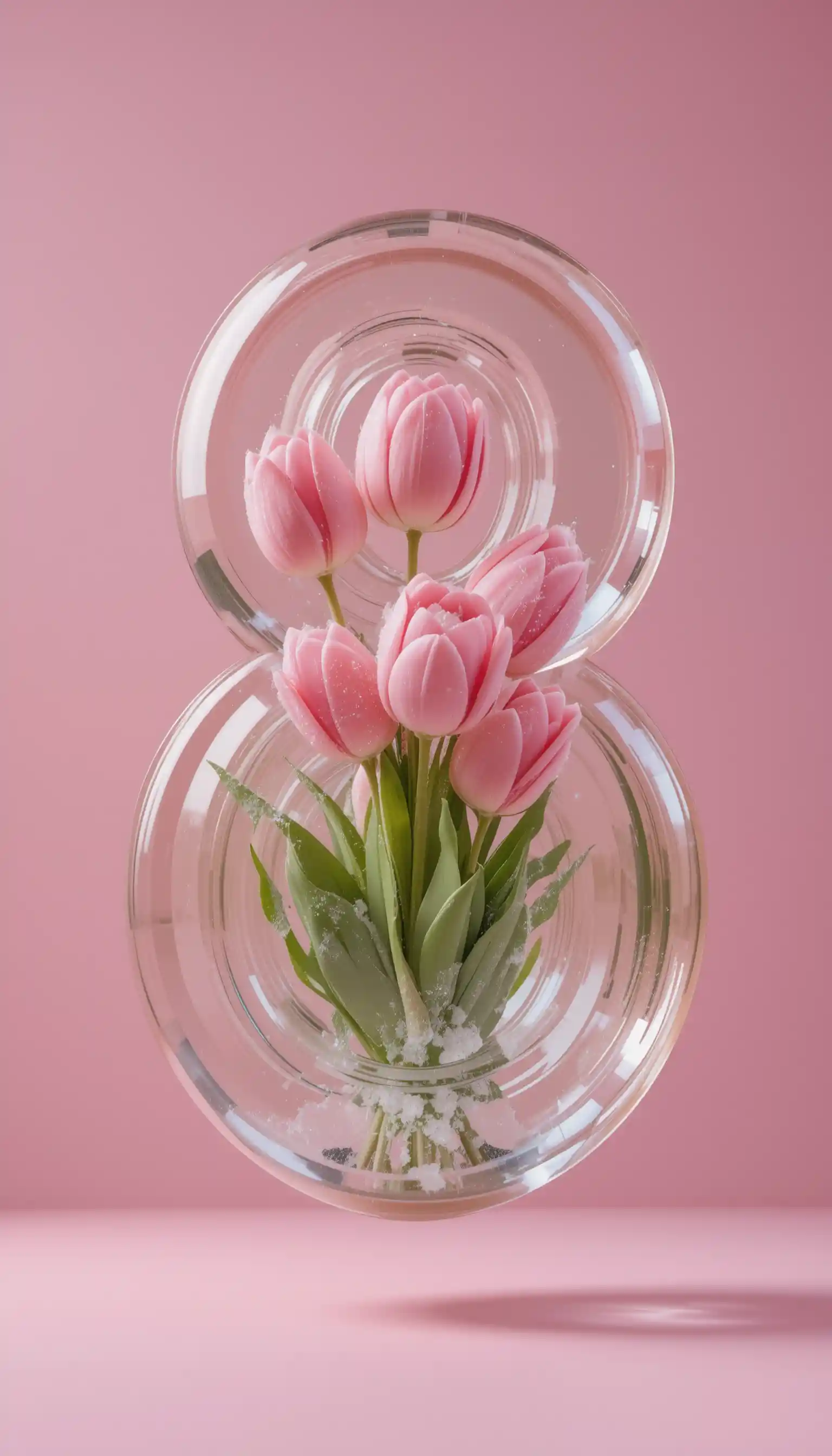 Gläserne Acht mit rosa Tulpen auf pastellfarbenem Hintergrund