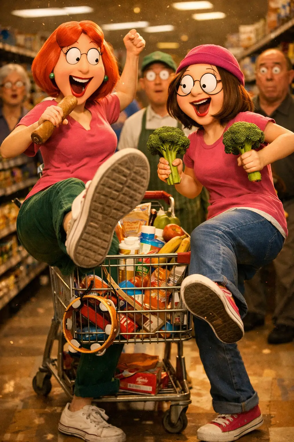 Une mère et sa fille dansent joyeusement dans un supermarché animé