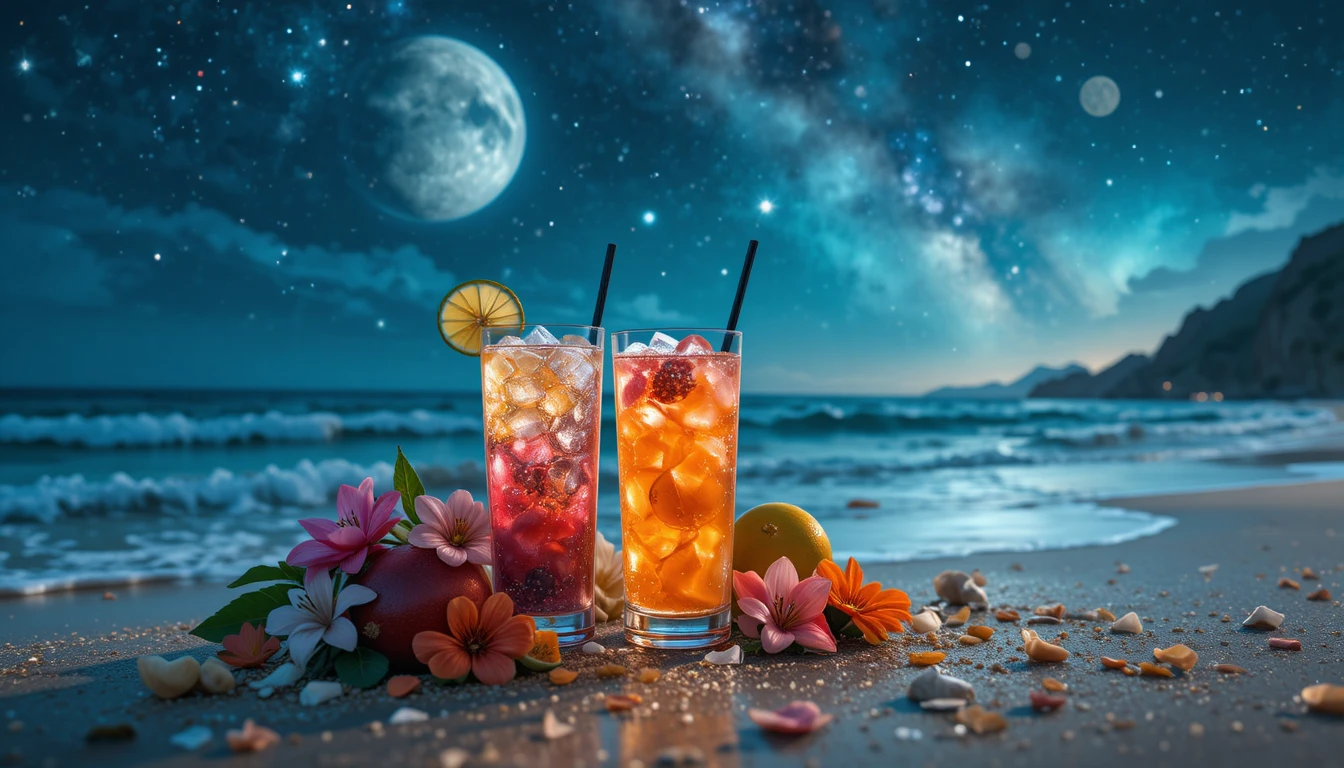 月光沙灘上的夢幻雞尾酒與外星水果