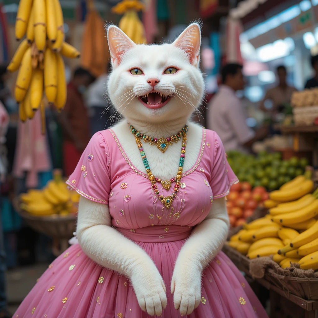 White cartoon cat mom in pink dress at busy market