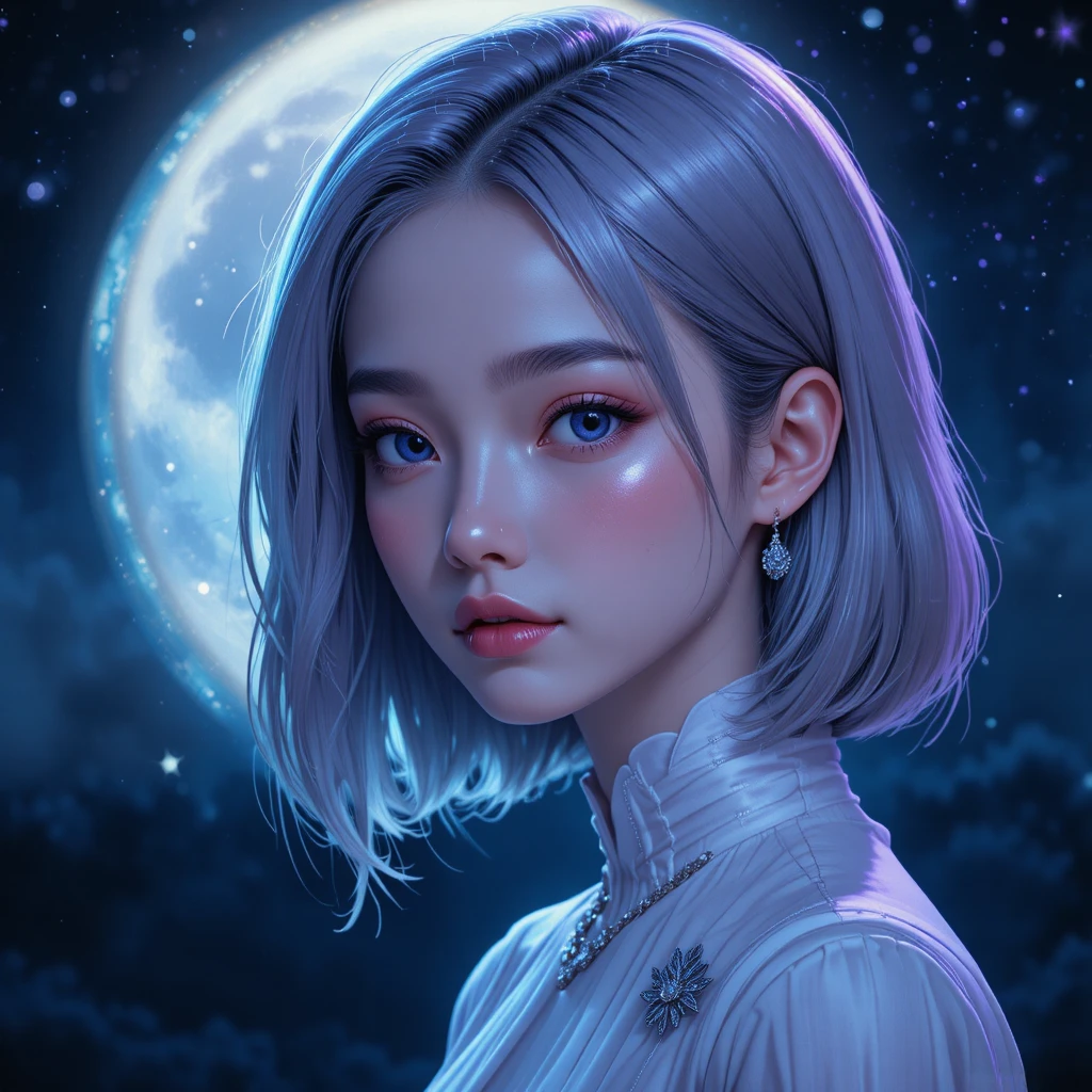 Silver haired anime girl under a luminous moonlit sky