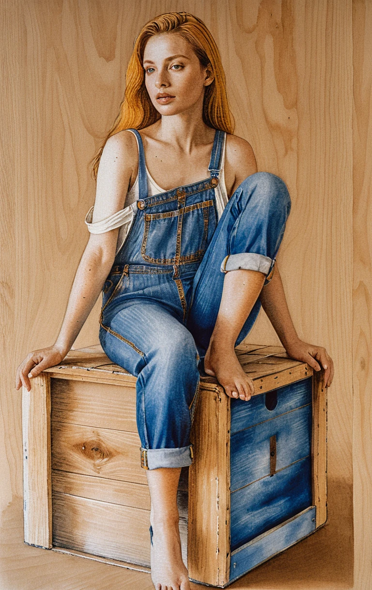 Woman in denim overalls sitting barefoot on wooden crate