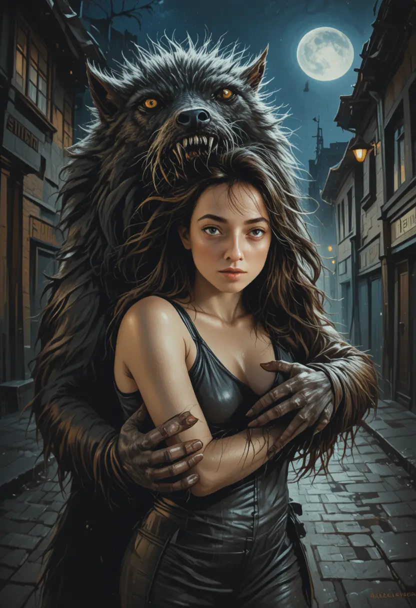 Jeune femme terrifiée retenue par un loup-garou grondant dans la nuit