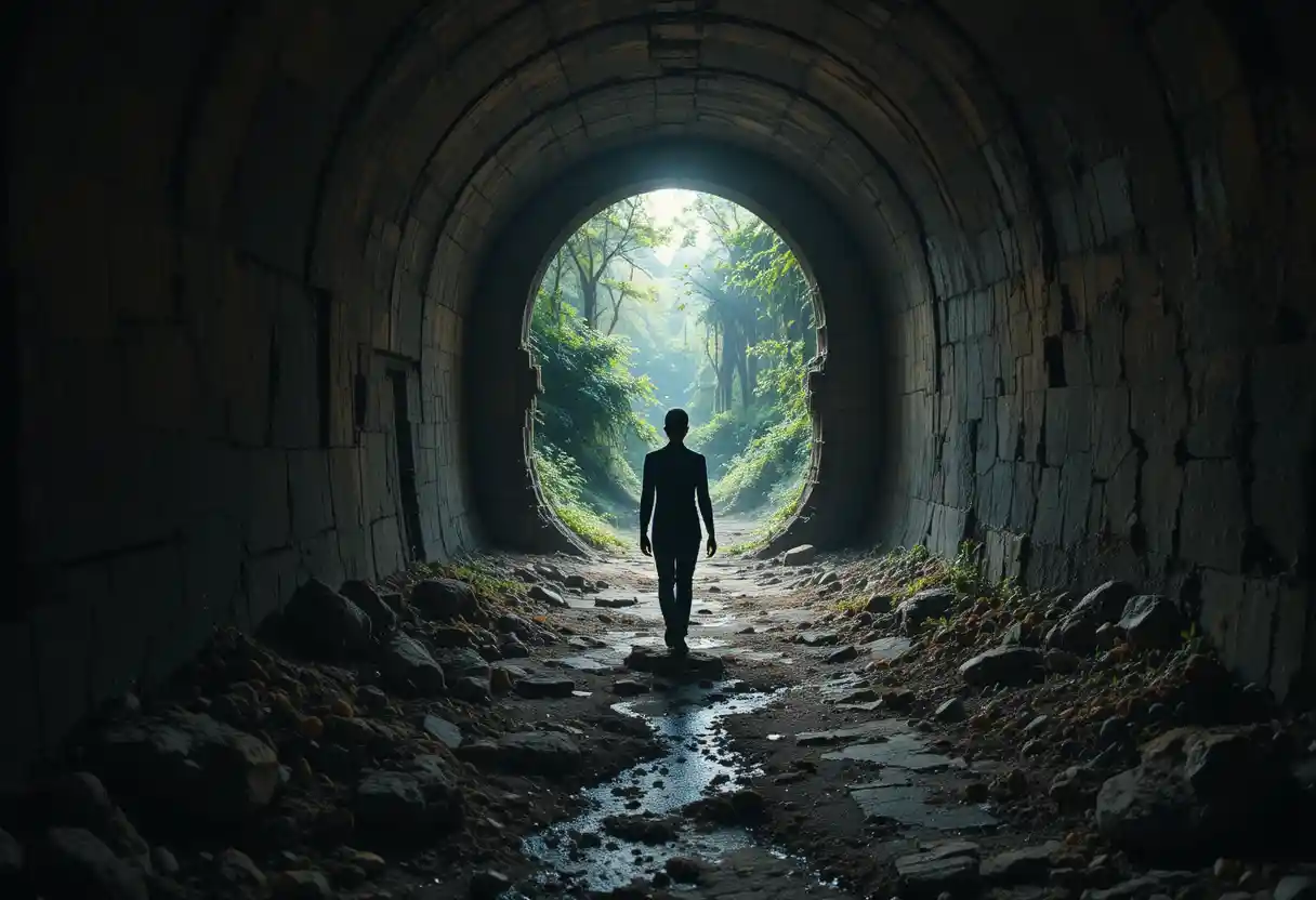 Silhueta solitária caminhando por um túnel antigo e sombrio