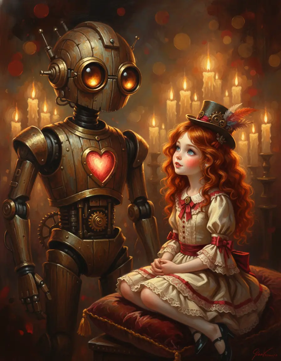 Robot steampunk et fille rousse dans une pièce chaleureuse éclairée à la bougie