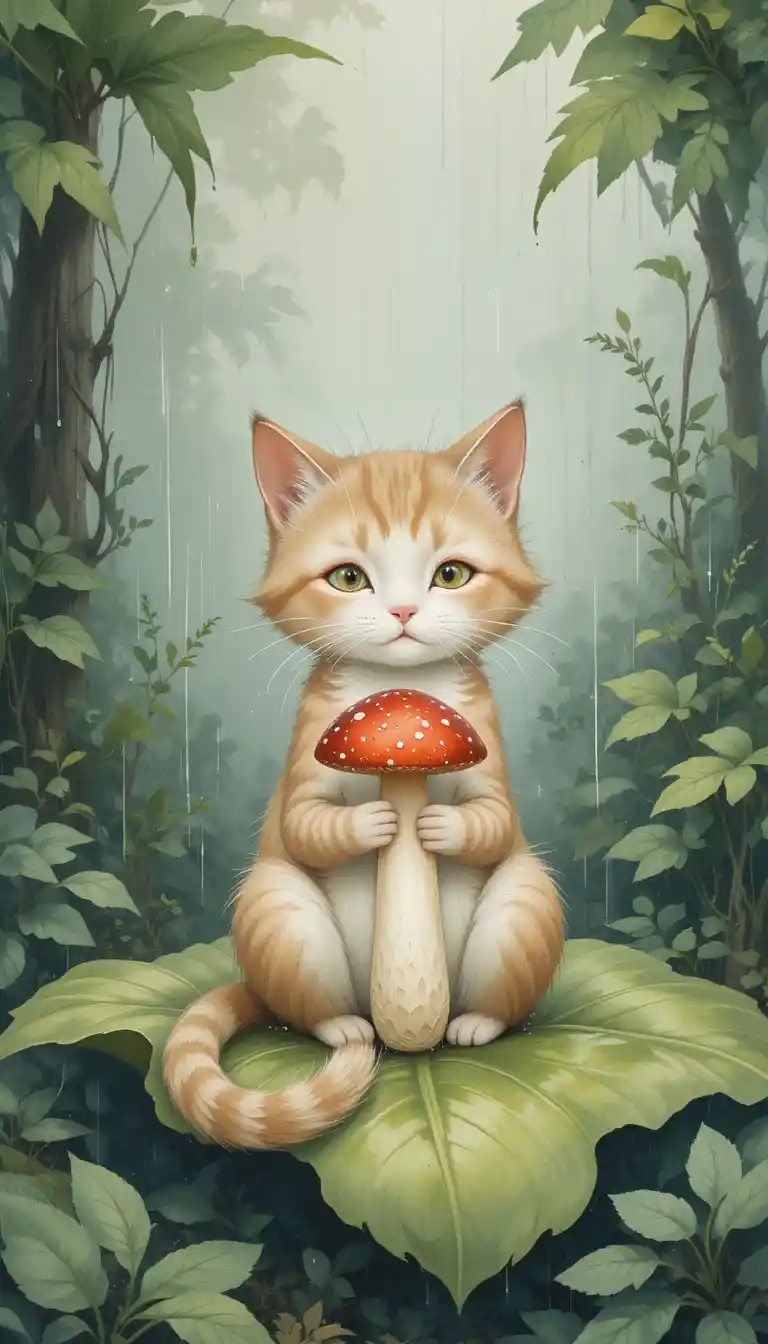 Gatto che Ripara un Fungo Rosso su una Foglia di Bosco Piovoso